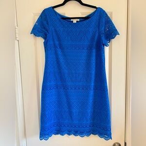 London Times Blue Crochet Lace Short Sleeve Sheath Dress